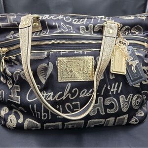Coach Poppy Black and Gold graffiti tote